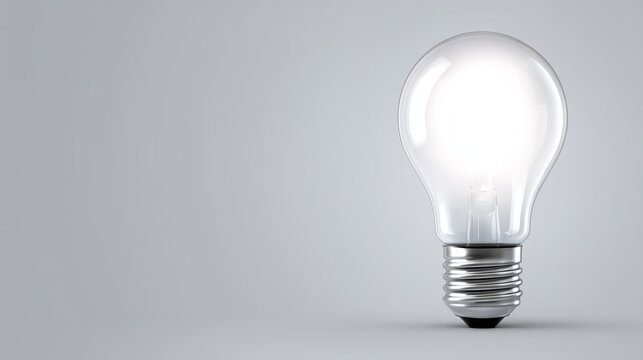 Glowing light bulb on minimalist gray background, idea and innovation represented by bright lamp on gray.