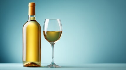 Elegant Bottle and Full Glass of White Wine Against a Serene Blue-Green Background.