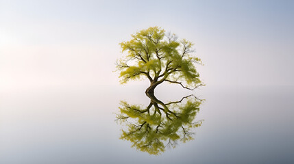 A tranquil scene of a tree reflected in a calm lake, emphasizing the harmony of nature