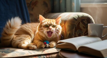 Ginger cat yawning while holding a toy mouse next to an open book and a cup on a patterned sofa