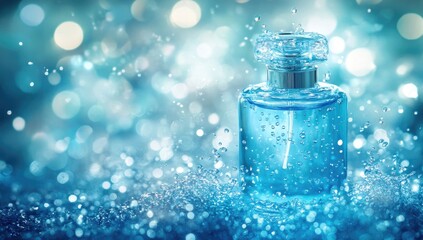 Blue perfume bottle with sparkle background