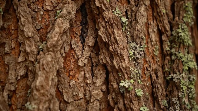 Detailed close-up of ancient tree bark with intricate patterns and vibrant green lichen, highlighting the rugged beauty and unique textures of nature's resilient surfaces