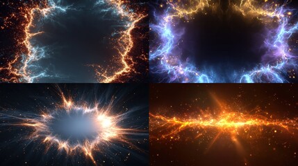 Composite of four abstract renderings energy bursts, light trails, and plasma-like formations