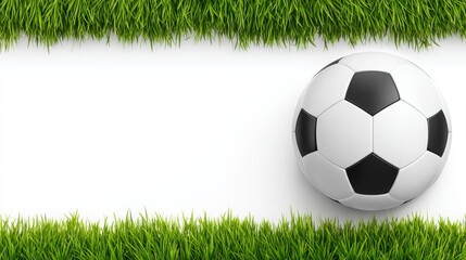 Classic Soccer Ball Resting on White Space Between Two Borders of Green Grass.
