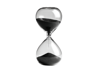 Clear glass hourglass with black sand flowing against a dark background transparent, Isolated, Png Transparent Background