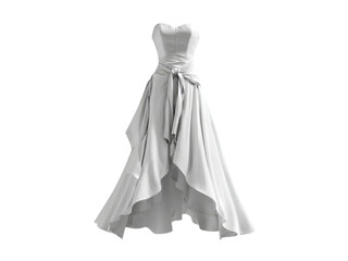 Elegant white strapless gown with flowing skirt and sash dress, Isolated, Png Transparent Background