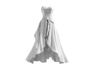 Elegant white strapless gown with flowing skirt and sash dress, Isolated, Png Transparent Background