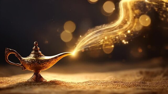 A mystical golden lamp emits a shimmering stream of light, set against a soft, sandy background with a dreamy bokeh effect, evoking a sense of wonder and magic