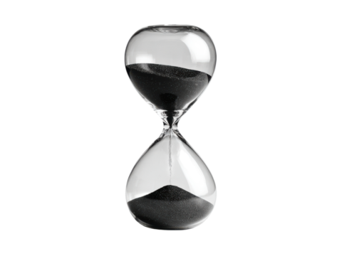 Clear glass hourglass with black sand flowing against a dark background transparent, Isolated, Png Transparent Background