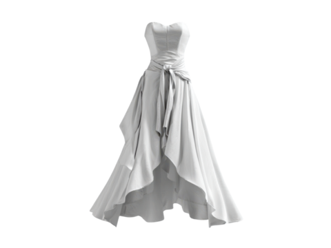 Elegant white strapless gown with flowing skirt and sash dress, Isolated, Png Transparent Background