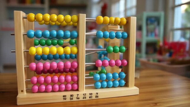 A colorful abacus on a wooden table, filled with vibrant beads. Blurred background suggests a learning environment