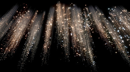 Golden trails of fireworks raining down in parallel lines create mesmerizing display of light and sparkle against dark background, evoking sense of celebration and wonder