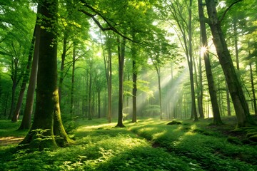 Obraz premium Sunbeams in Green Forest with Lush Trees and Vegetation