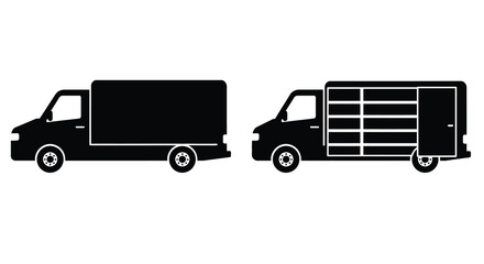Black and white icon of a delivery van with open and closed doors