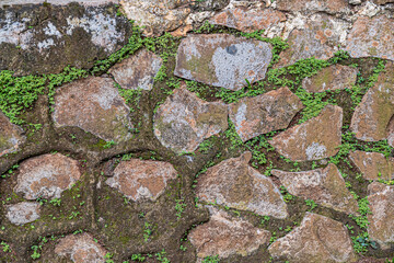Mossy Stone Wall with Irregular Rocks