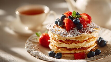 Stack of fluffy pancakes with berries, tea, & mint, dusted with sugar