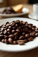 Fototapeta premium Dark brown coffee beans piled high on white plate, aroma, plate, coffee shop