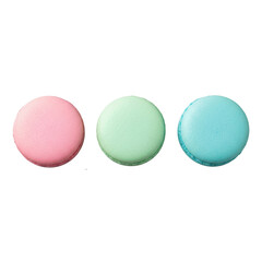 Three gourmet pastel macarons (pink, mint, blue) with sugar pearls, neat row, top-down flat lay on seamless transparent studio background, elegant dessert concept