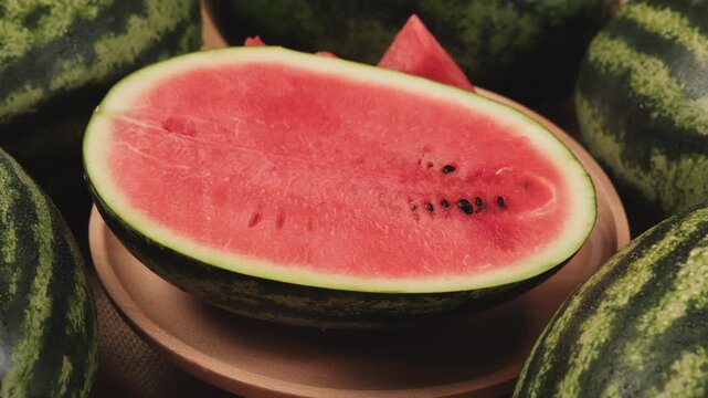 Close-up shot of half pieces of fresh red watermelons on a wooden dish, natural texture background pattern with tropical sweet and nutritious snack in hot summertime, healthy food with abundant fruit.
