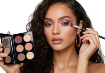 Woman applying eyeshadow from palette isolated on transparent background