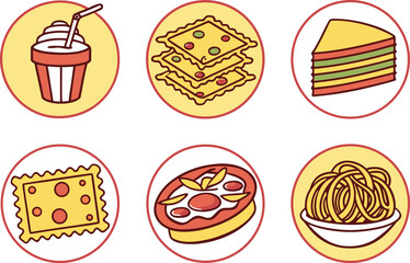 Collection of six circular icons featuring various food and drink illustrations vector Illustration