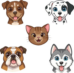 Cartoon dog and cat faces, cute pet illustration, animal character icons, vector design for kids, educational, playful, stock image