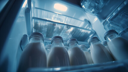 Various milk and dairy bottles are organized neatly inside an open refrigerator.
