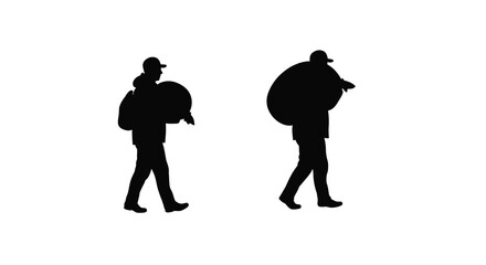 Silhouettes of two people walking each carrying a large rounded bundle