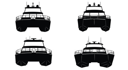 Four black and white illustrations of a catamaran boat design