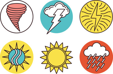 Collection of Weather Icons: Tornado, Lightning, Sun, and Rain vector Illustration