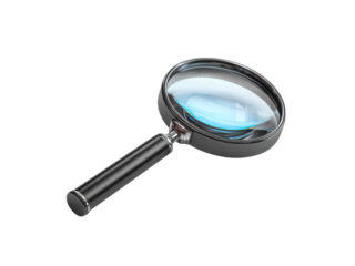 Magnifying glass with reflective blue lens and black handle on black background optical tool, Isolated, Png Transparent Background