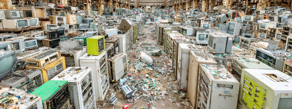 Abandoned Warehouse Filled with Vintage Electronics and Piles of Electronic Waste in Chaotic Surroundings. Banner, copy space