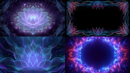 Four digital images showcase glowing, ethereal lotus flower designs with vibrant colors & intricate patterns