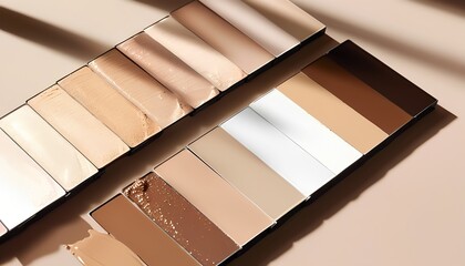 A close up overhead shot of a makeup palette with multiple shades of foundation and concealer arranged in a neat row showcasing a range of skin tones for beauty and cosmetic applications