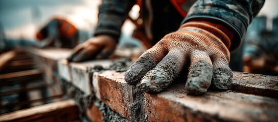Skilled Masonry Work with Hands in Focus During Construction at Sunset with Blurred Background. Banner, copy space