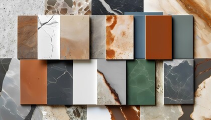A curated collection of rectangular stone and marble samples showcasing a diverse range of natural textures colors and patterns arranged in two rows for visual comparison and material selection