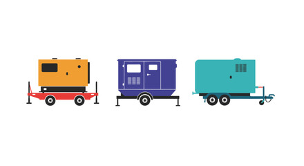 Illustration of three portable generators on wheeled trailers side by side