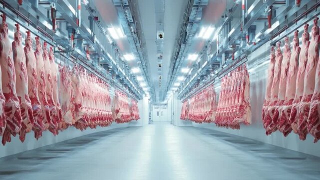 Inside Meat Storage Facility: A chillingly immaculate meat storage facility, showcasing rows of meticulously hung carcasses awaiting processing and distribution, highlighting the industrial aspect.