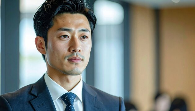 Young Asian professional man in formal suit with tie  on background of the conference room.