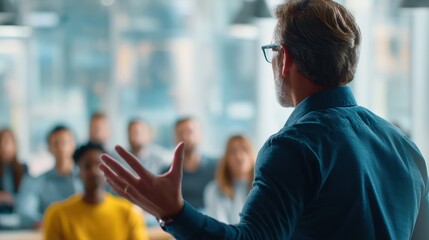 Mature senior professional giving business presentation using modern technology in training room for knowledge sharing expertise teaching and professional development workshop education concept.