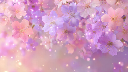Dreamy pink and purple cherry blossoms glow softly upward