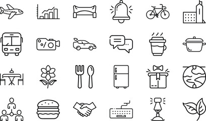 Modern Minimal Line Icons Set – Travel, Business, Food, Technology, Nature, Communication, Transportation, Office, and Lifestyle Vector Symbol Collection on White Background
