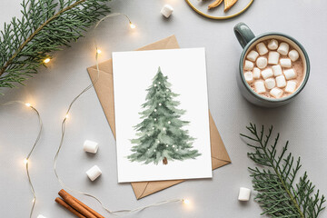 Watercolor christmas greeting card flat lay featuring evergreen tree design for festive holiday wishes. perfect for seasonal greetings and cozy winter aesthetic.