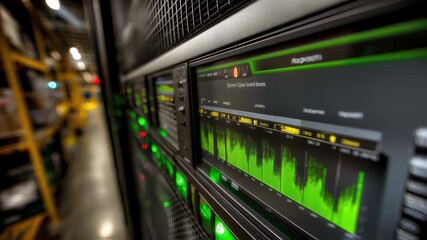 Close up of a high tech server rack with green status lights blinking and a digital interface displaying real time data analysis on a screen inside a modern data center or factory warehouse - Powered by Adobe