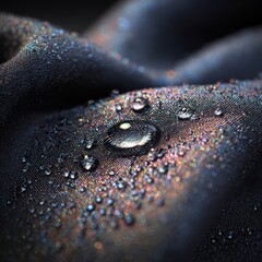 Closeup macro shot of sweat perspiration droplets on high performance athletic fabric showing moisture wicking technology breathable sportswear material and advanced activewear textile innovation.