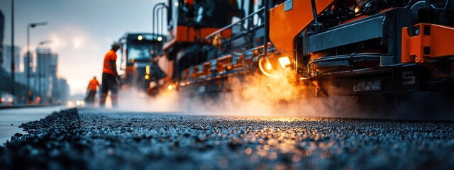 Construction Crew Laying Asphalt on a City Street at Dusk with Steam Rising from Surface. Banner, copy space