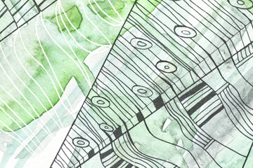 Fototapeta premium Abstract geometric art with green and white patterns and line designs.