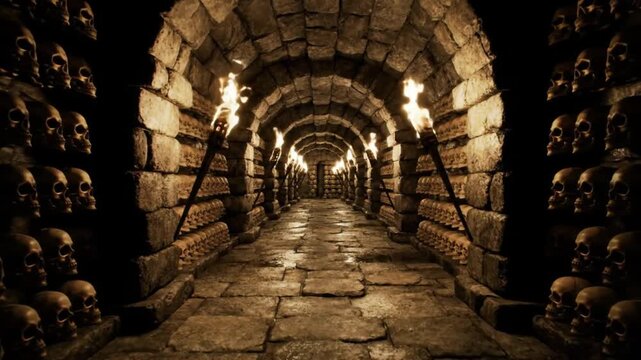 Eerie SkullLined Catacombs Torchlit Descent into the Macabre Depths.