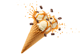 Delicious ice cream explosion with caramel sauce and chocolate chunk isolated on transparent cutout background, cut out, png