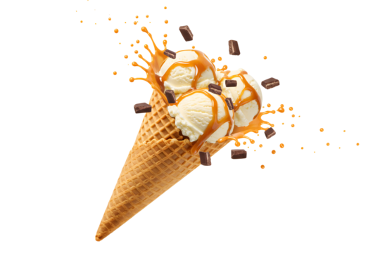Delicious ice cream explosion with caramel sauce and chocolate chunk isolated on transparent cutout background, cut out, png